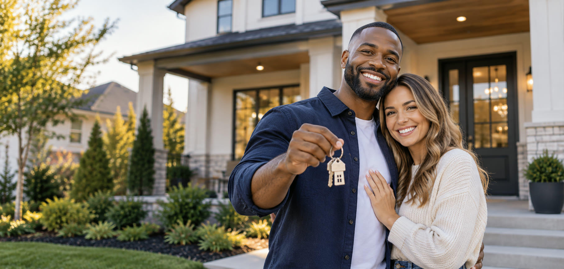 Smiling new homeowners holding the keys to their home