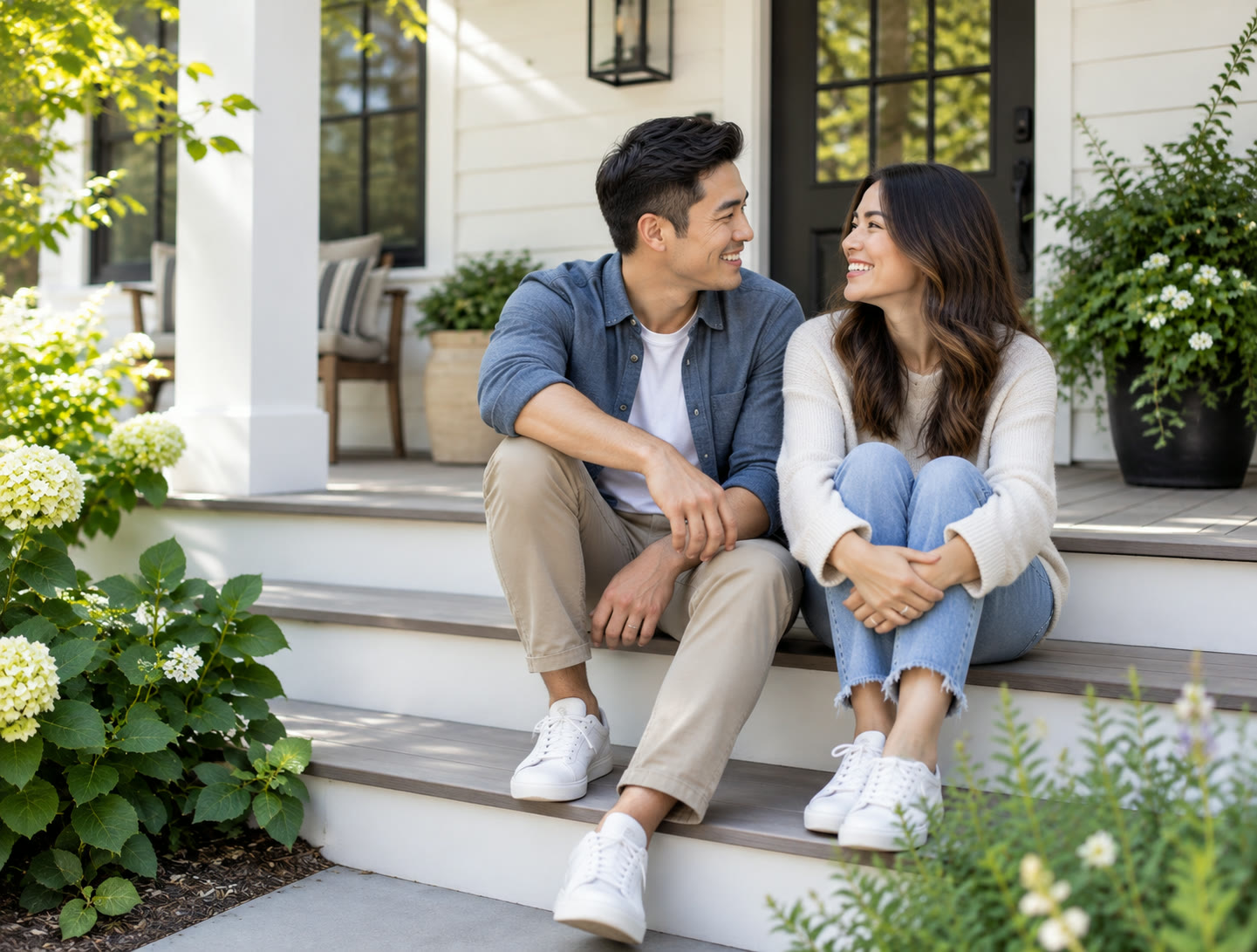 A smiling couple sitting together on the steps of their home
