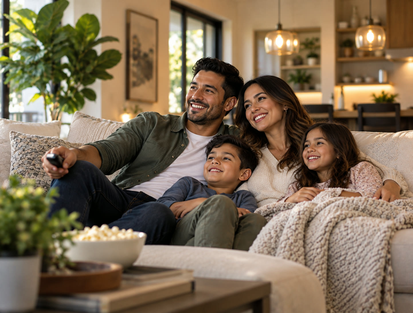 A family of four relaxing together on the sofa at home